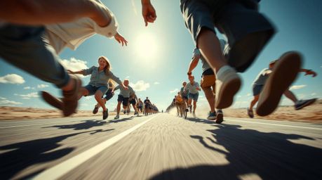 Experience the thrill of a dynamic chase scene captured from a low-angle perspective, featuring exaggerated squash and stretc
