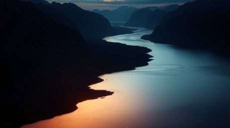Experience the mesmerizing beauty of a river delta bathed in high-contrast, low-key twilight colors. This scene features a sm