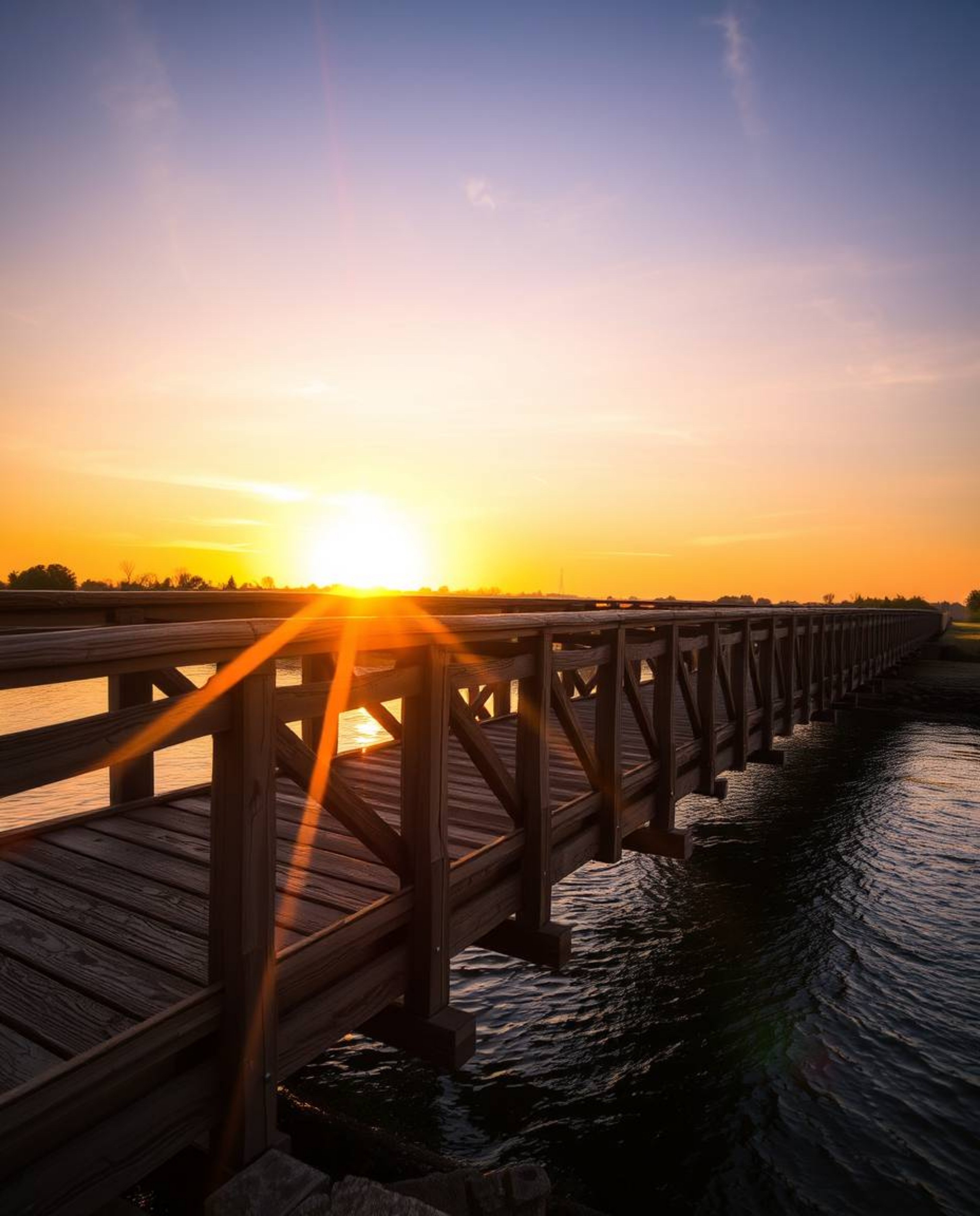 A graceful and elegant image of an old wooden bridge over a river at sunset. This photograph is characterized by its vibrant 