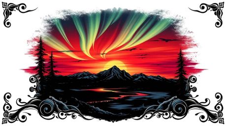 A captivating traditional tattoo-style print depicts the jet-black Northern Lights gracefully unfolding over a vibrant sunset