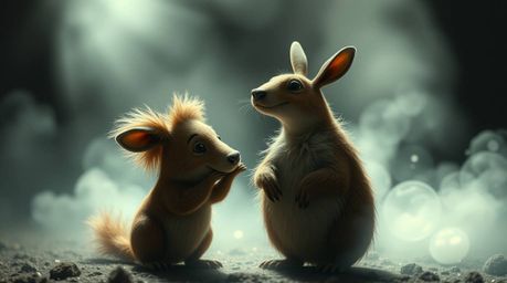 A charming duo of talking animals is caught in the act of playful mischief, their graceful and elegant features accentuated b