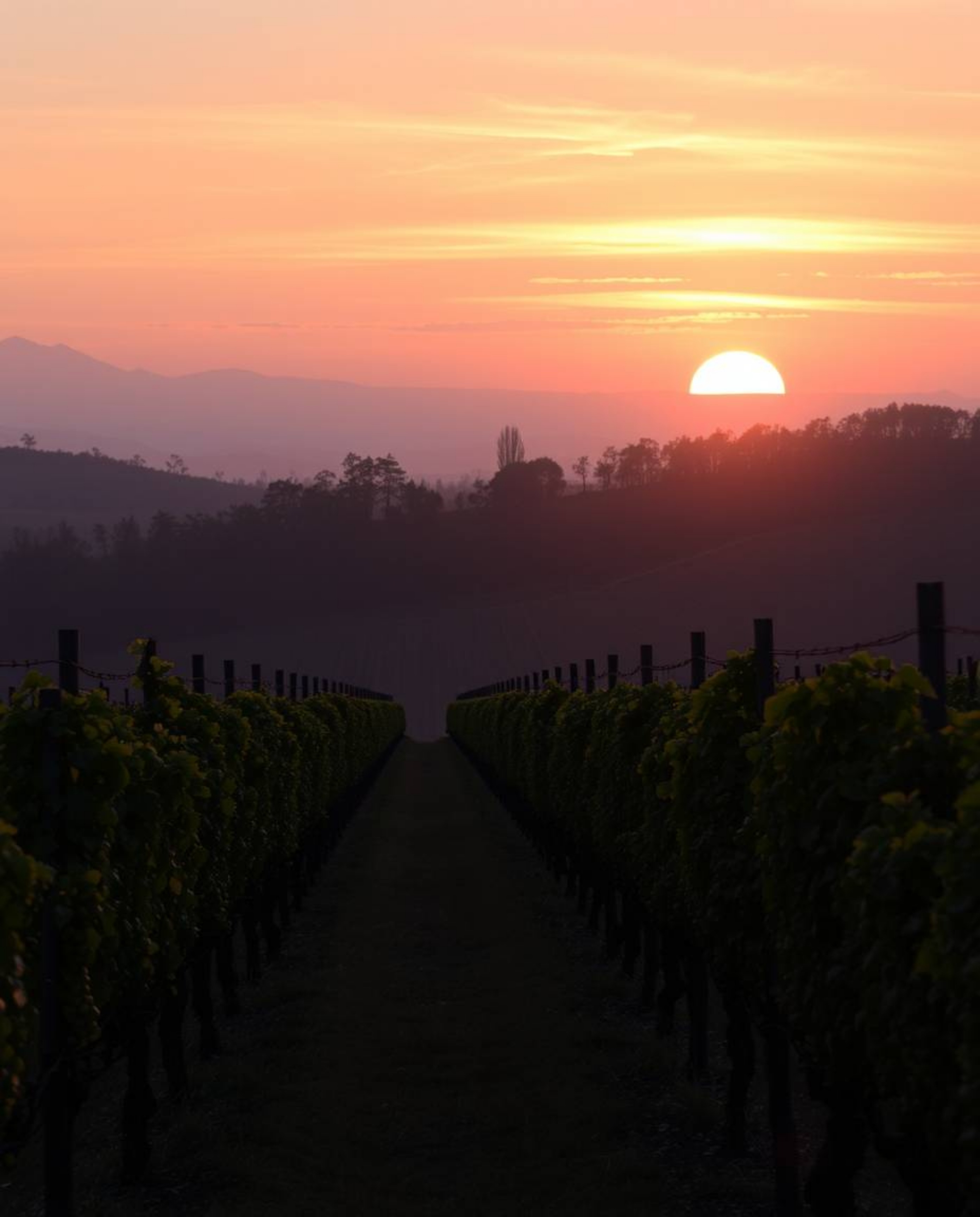 This artwork captures a serene sunset over a vineyard, bathed in a gentle soft light that creates beautifully diffused shadow
