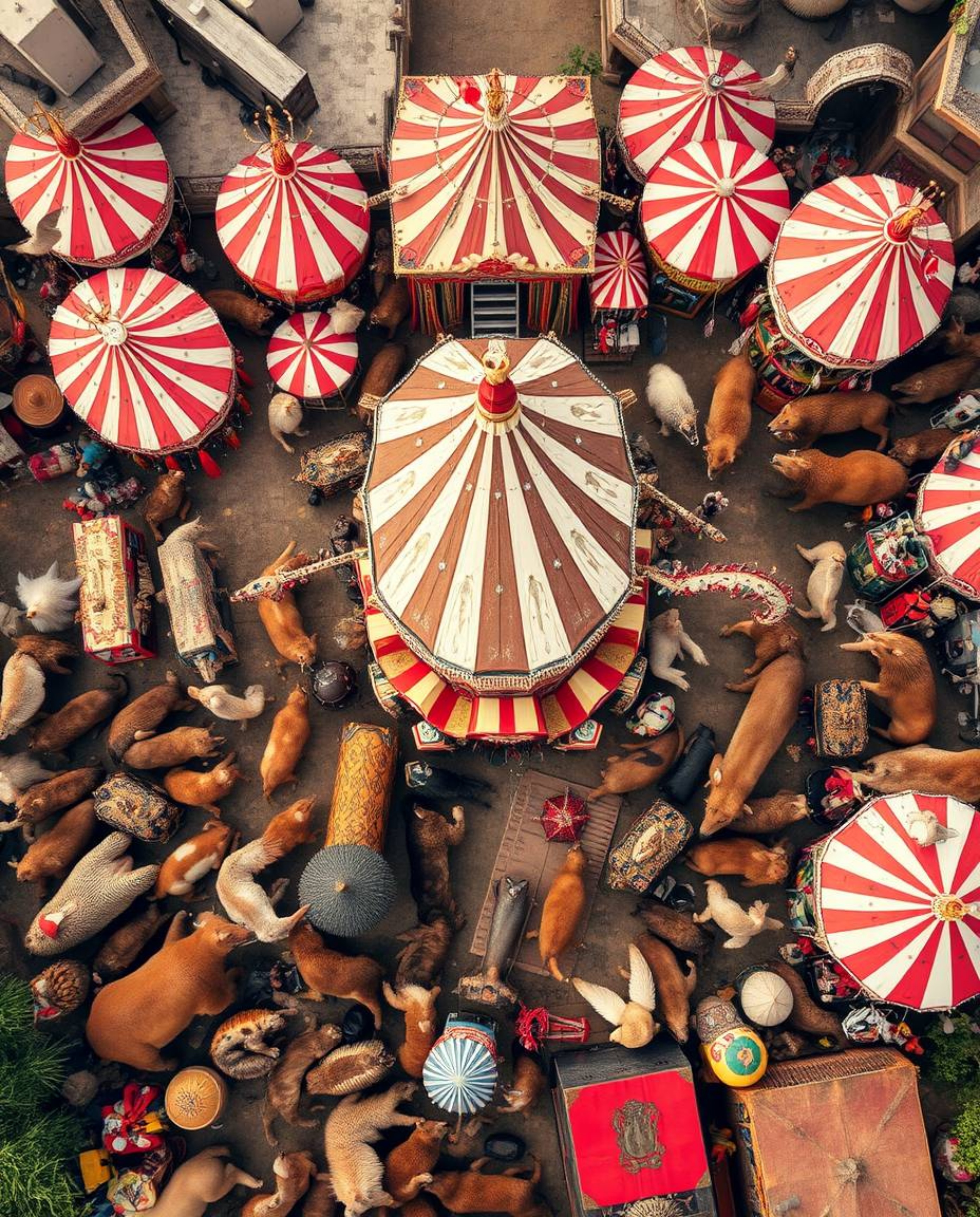 This image showcases a unique and captivating scene: a carnival overtaken by wild animals, depicted from an overhead, bird's-