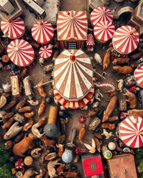 This image showcases a unique and captivating scene: a carnival overtaken by wild animals, depicted from an overhead, bird's-
