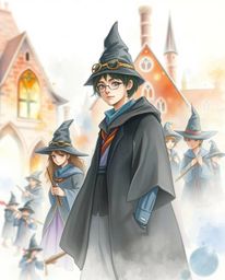 A captivating watercolor painting depicts a magical school brimming with young wizards.  The sharp focus on the school, combi