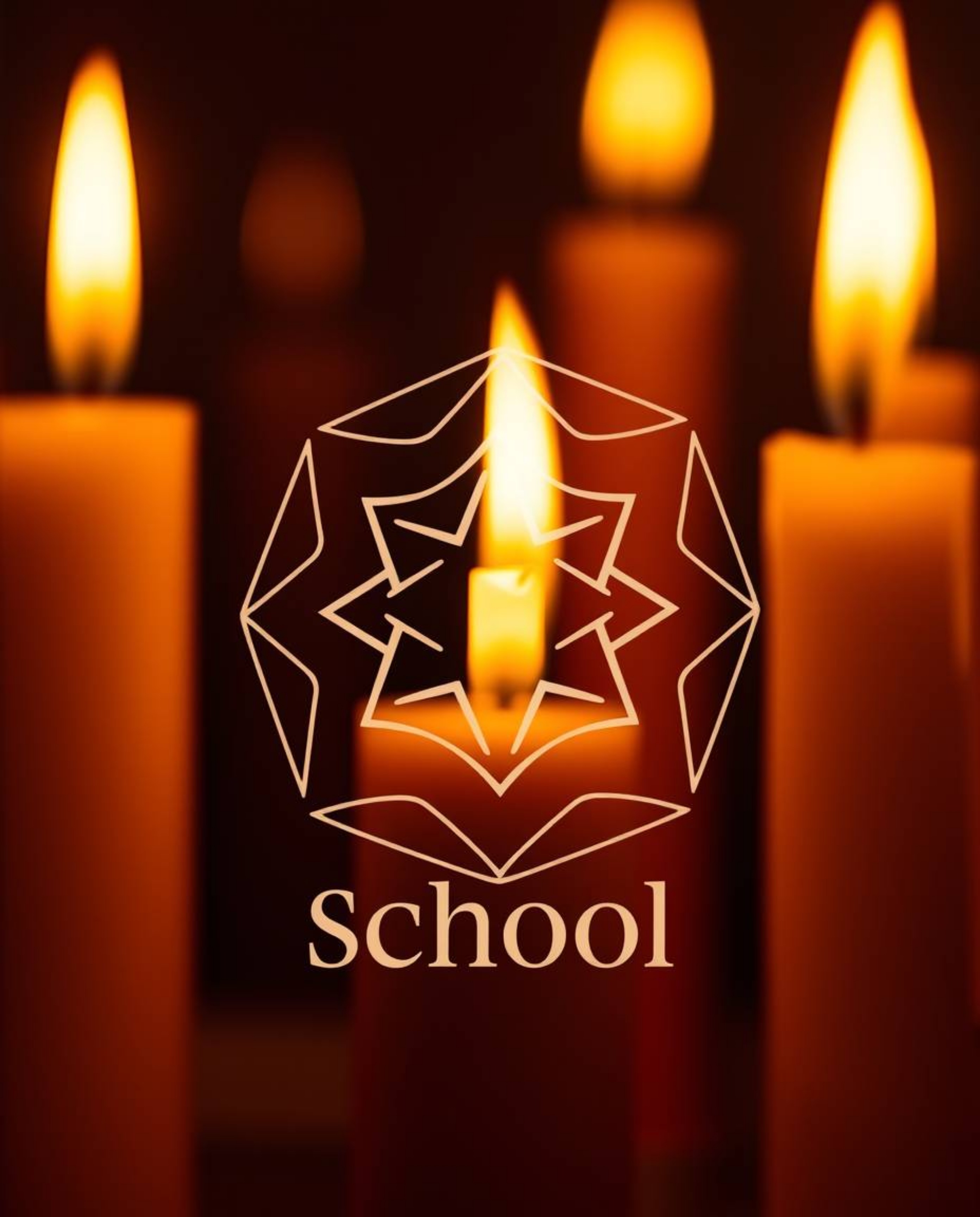 A close-up shot capturing the essence of a magical school logo, featuring the warm glow of candlelight and geometric shapes w
