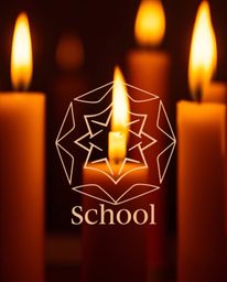 A close-up shot capturing the essence of a magical school logo, featuring the warm glow of candlelight and geometric shapes w