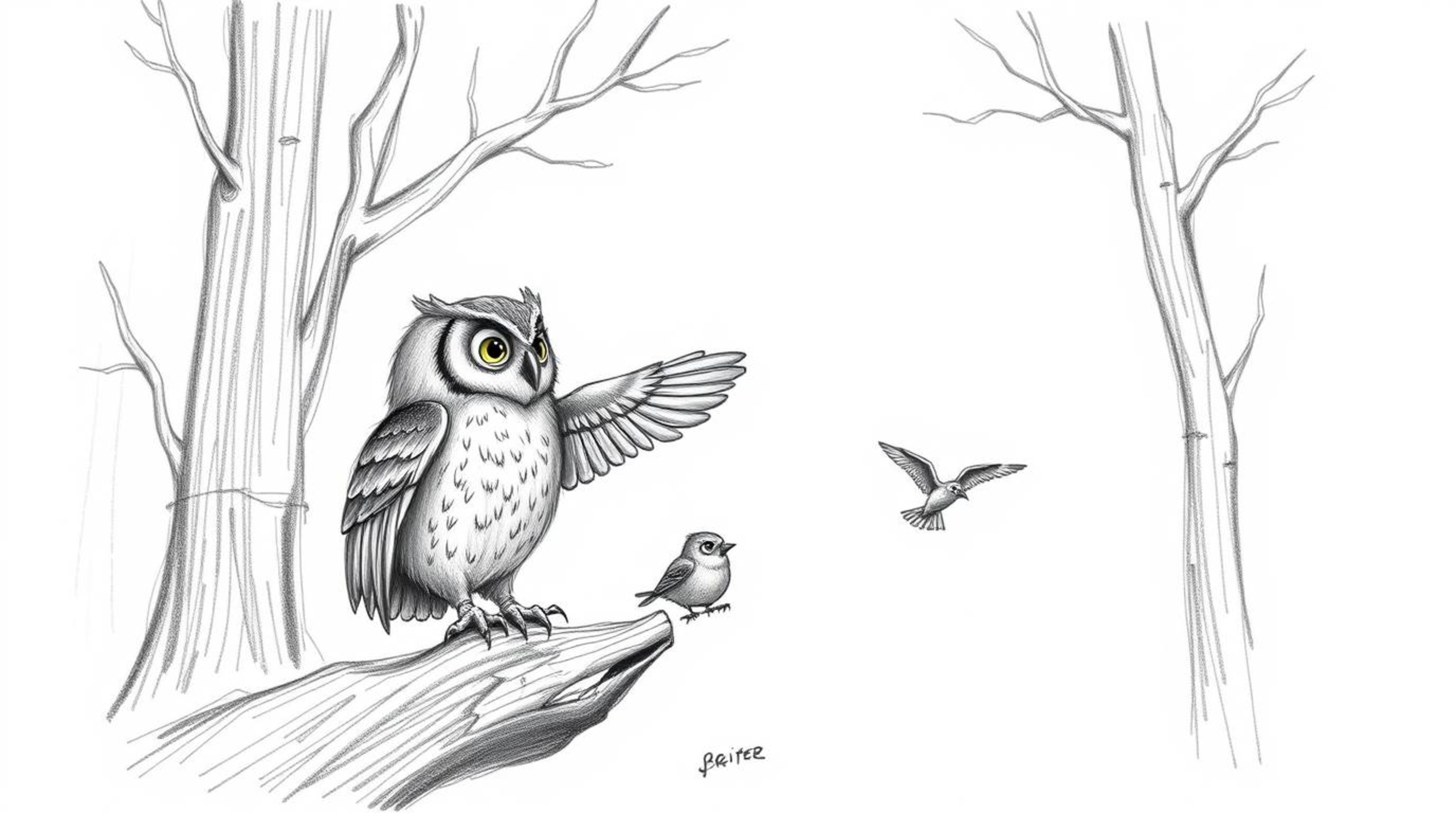 A captivating hand-drawn sketch in the style of Pixar depicts a blind owl patiently instructing small birds in flight. The de