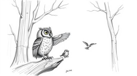 A captivating hand-drawn sketch in the style of Pixar depicts a blind owl patiently instructing small birds in flight. The de