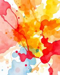 A warm, bright image showcases graceful and elegant colorful watercolor splashes blending on paper.  Vivid reds, oranges, and