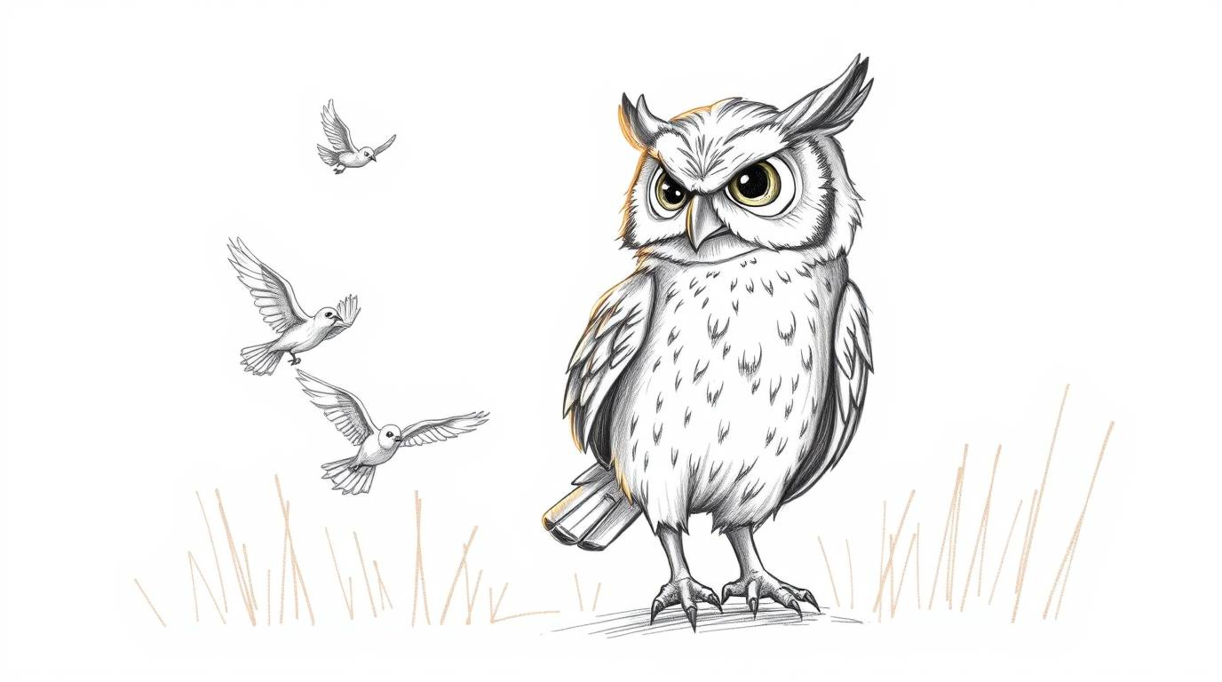A charming hand-drawn pencil sketch in the style of Pixar, depicting a wise, blind owl with ruffled feathers guiding small bi