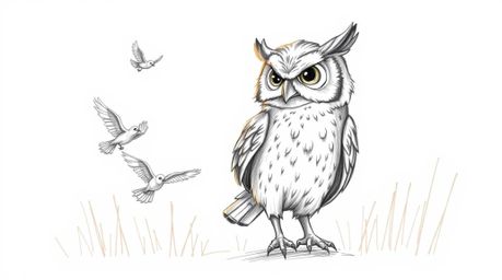 A charming hand-drawn pencil sketch in the style of Pixar, depicting a wise, blind owl with ruffled feathers guiding small bi