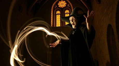 A captivating image of a classic Disney villain casting a spell within the aged walls of an old castle. The long exposure ph