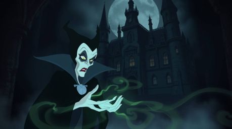 A classic Disney villain, with unsettling features and pale skin, casts a spell within a dark, old castle. This artwork featu