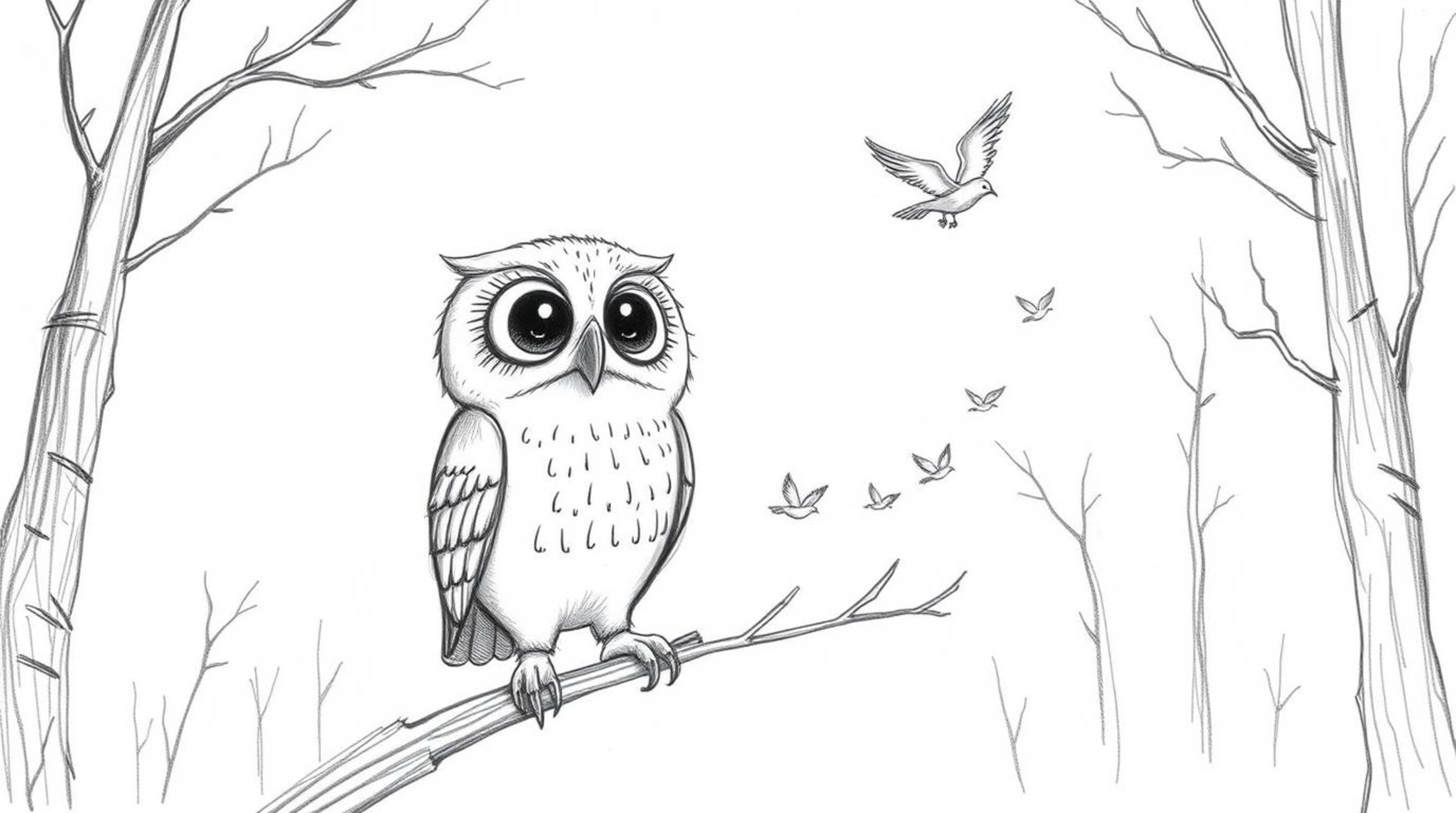 A charming hand-drawn sketch, reminiscent of Pixar animation, depicts a blind owl with large, gentle eyes guiding small birds