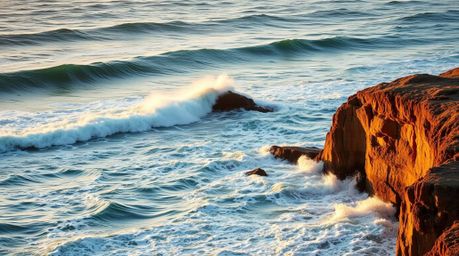 A breathtaking photograph capturing waves crashing against rugged cliffs during sunset, bathed in the rich, deep teal of the 