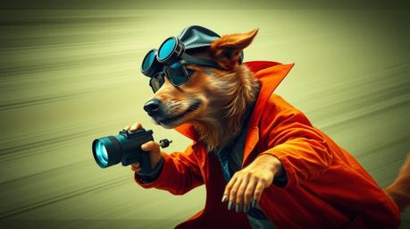 A dynamic depiction of a dog detective utilizing high-tech gadgets, captured in motion with vibrant, complementary colors and