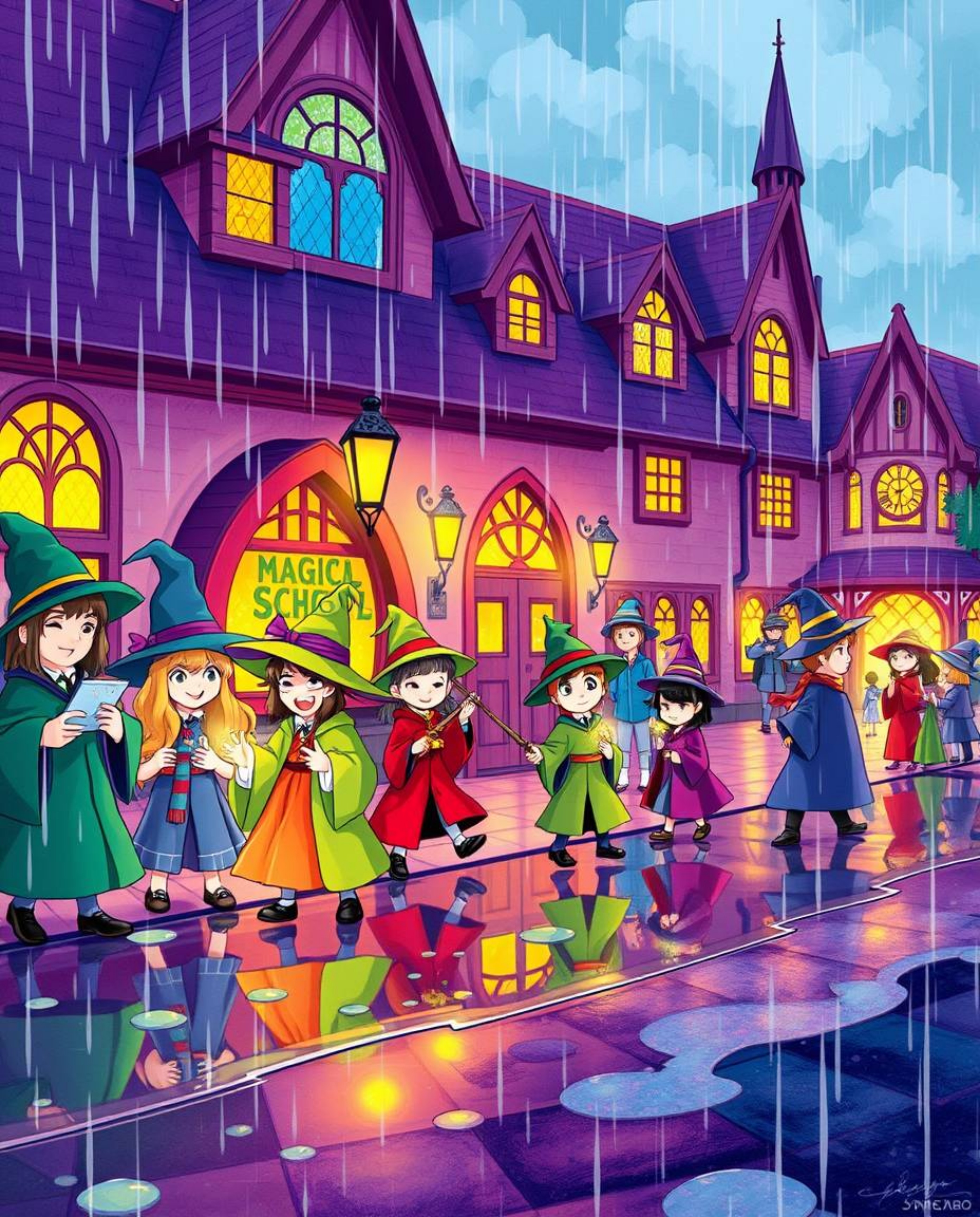 A captivating illustration depicts a magical school bustling with young wizards on a whimsical, rainy day.  The vibrant color