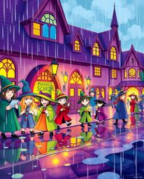 A captivating illustration depicts a magical school bustling with young wizards on a whimsical, rainy day.  The vibrant color