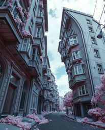 Explore a surreal street scene captured in striking infrared tones, showcasing buildings that fold and twist into an otherwor