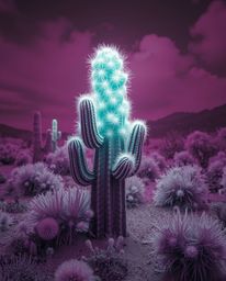 A desert cactus glows surrealistically, rendered in vivid infrared tones that give it a truly otherworldly appearance. This f