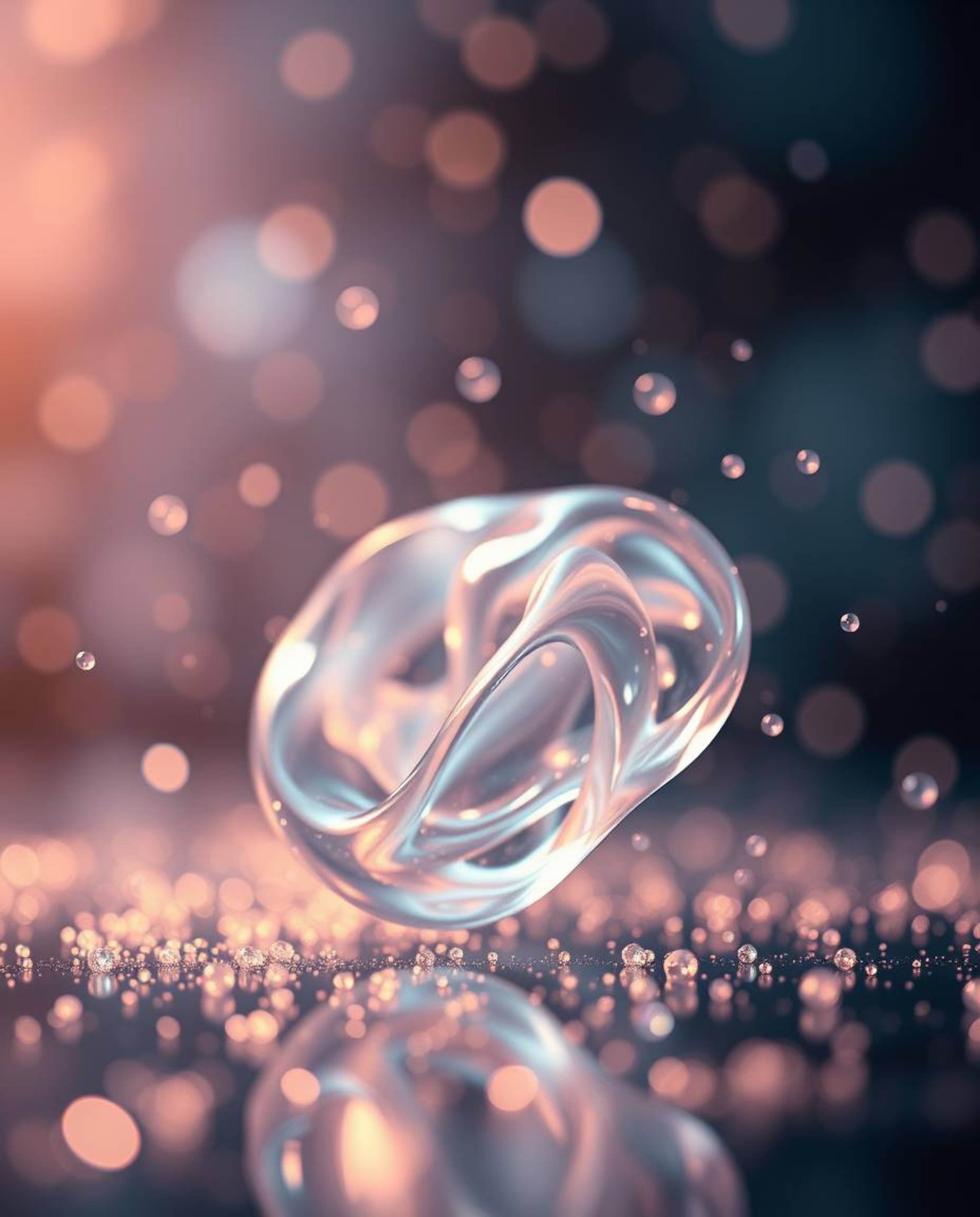 Explore dreamlike surreal imagery featuring glassy fluid 3D shapes in motion, captured with a blurred bokeh effect and surrou