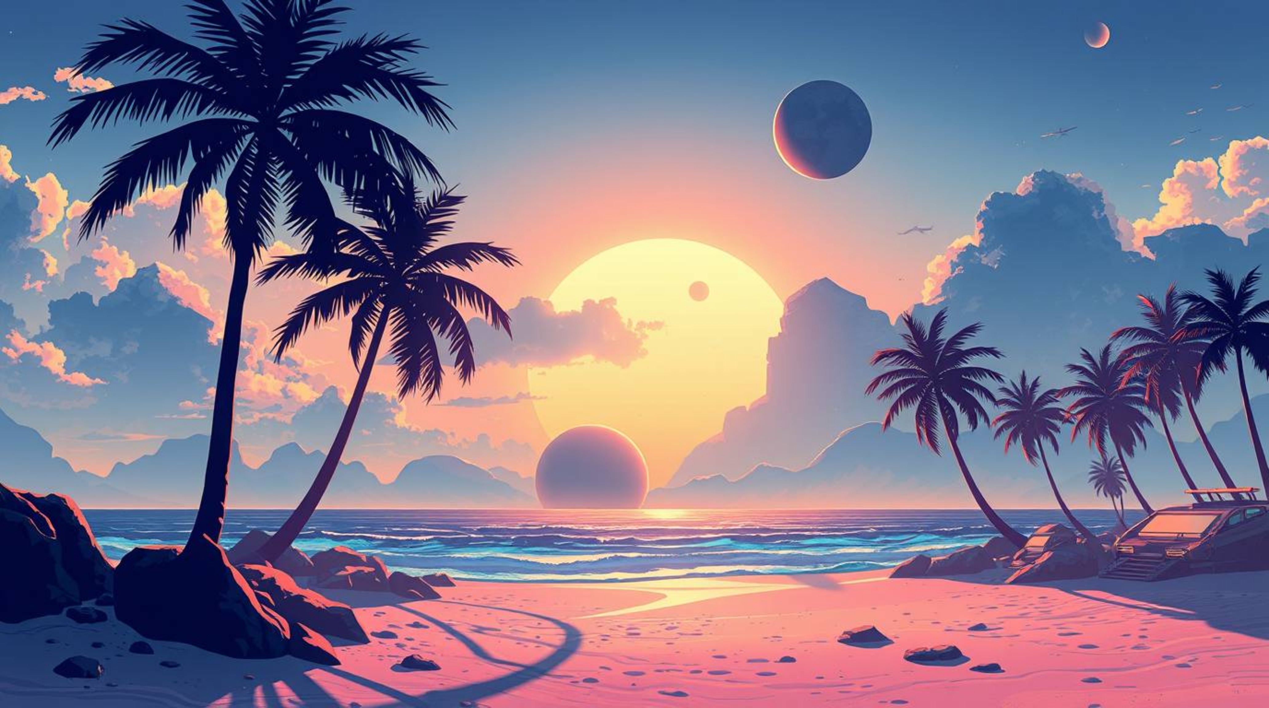 Experience a breathtaking futuristic sci-fi illustration of a tranquil tropical beach sunset. Witness swaying palm trees silh