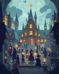 Explore a magical school brimming with young wizards, rendered in a modern flat design with an epic scale.  This illustration