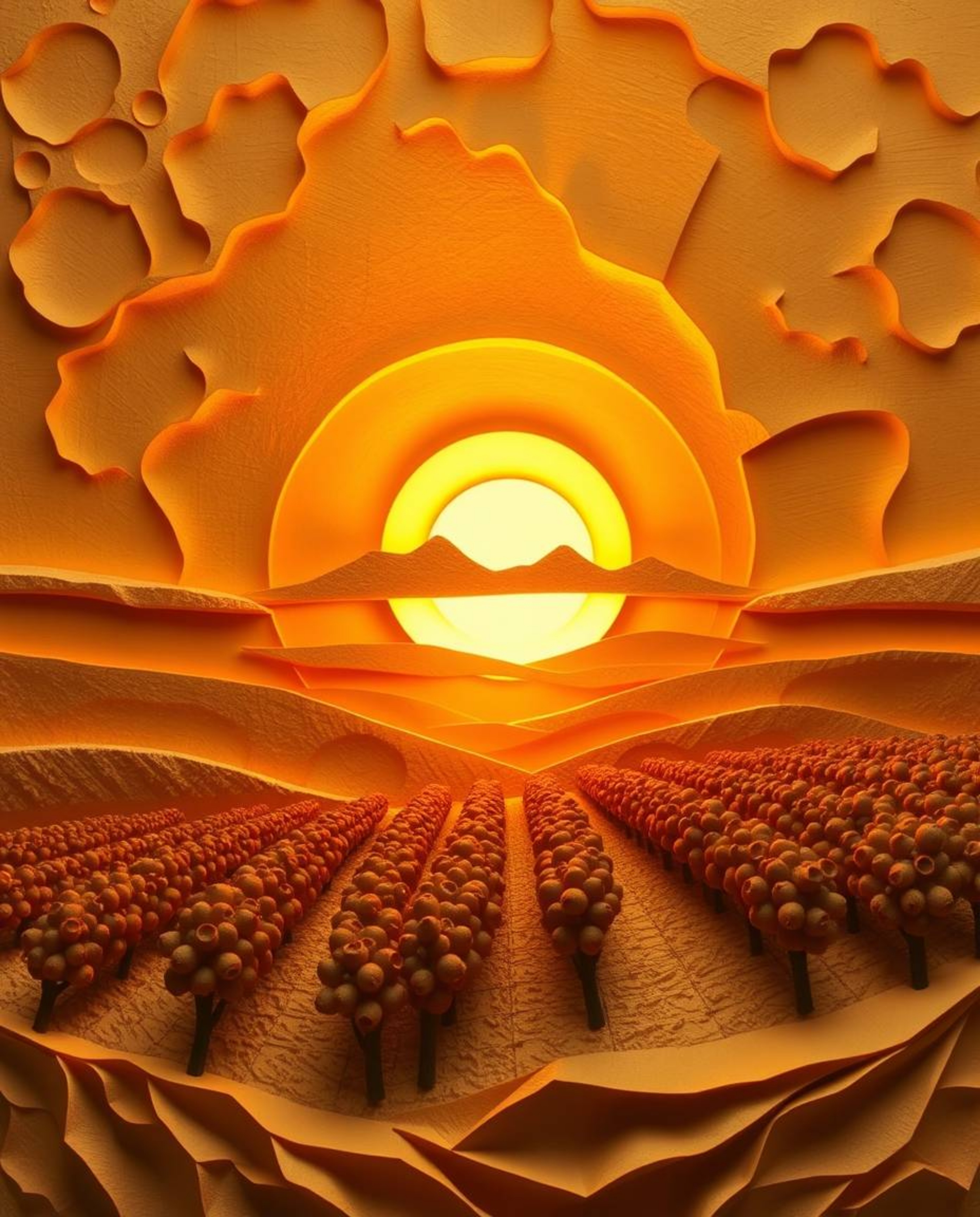 This is a unique sculpted papier-mâché depiction of a sunset over a vineyard, bathed in warm golden hues. The artwork has a r
