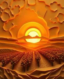 This is a unique sculpted papier-mâché depiction of a sunset over a vineyard, bathed in warm golden hues. The artwork has a r