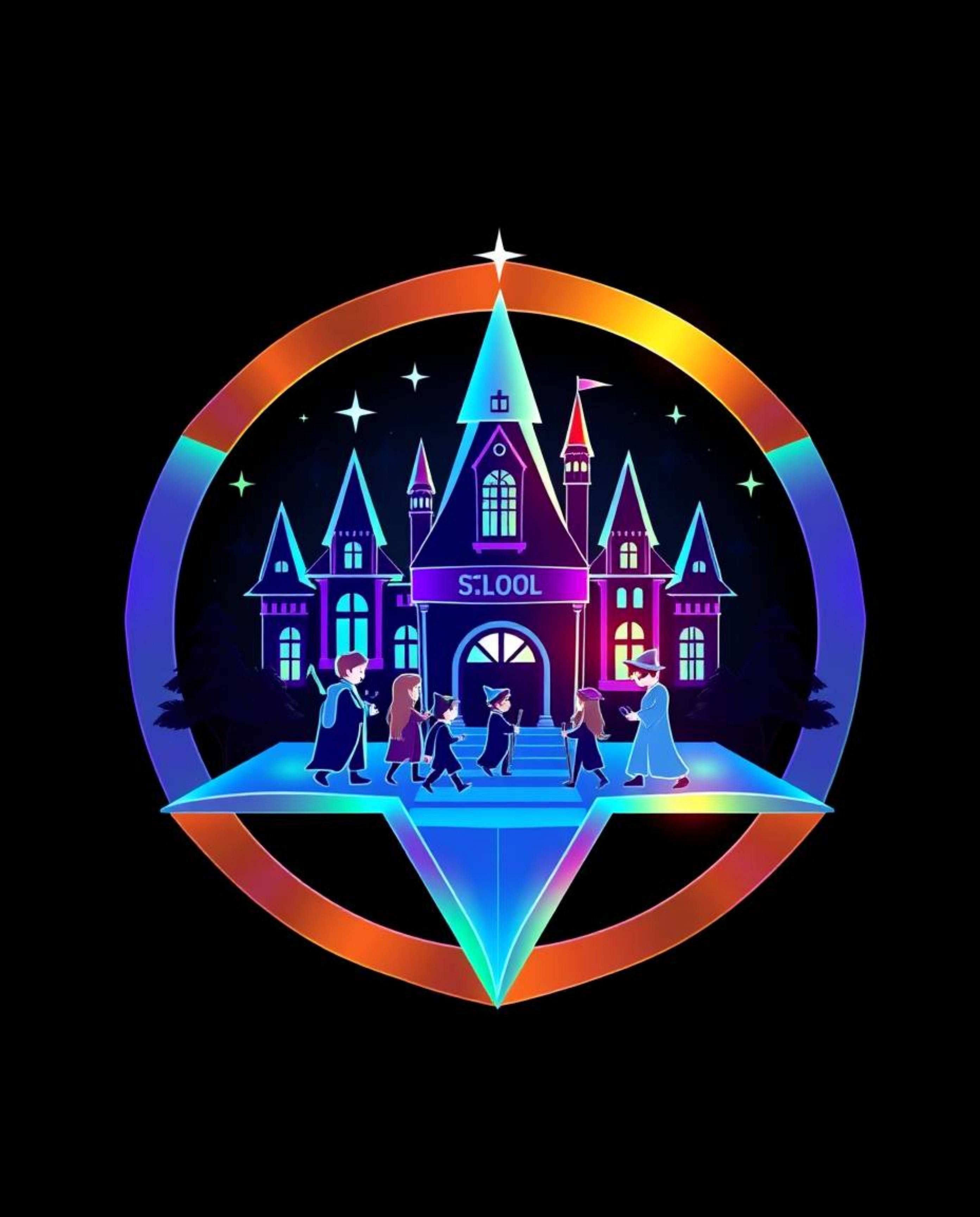 This iridescent logo design features a magical school teeming with young wizards, all rendered in a captivating blend of geom