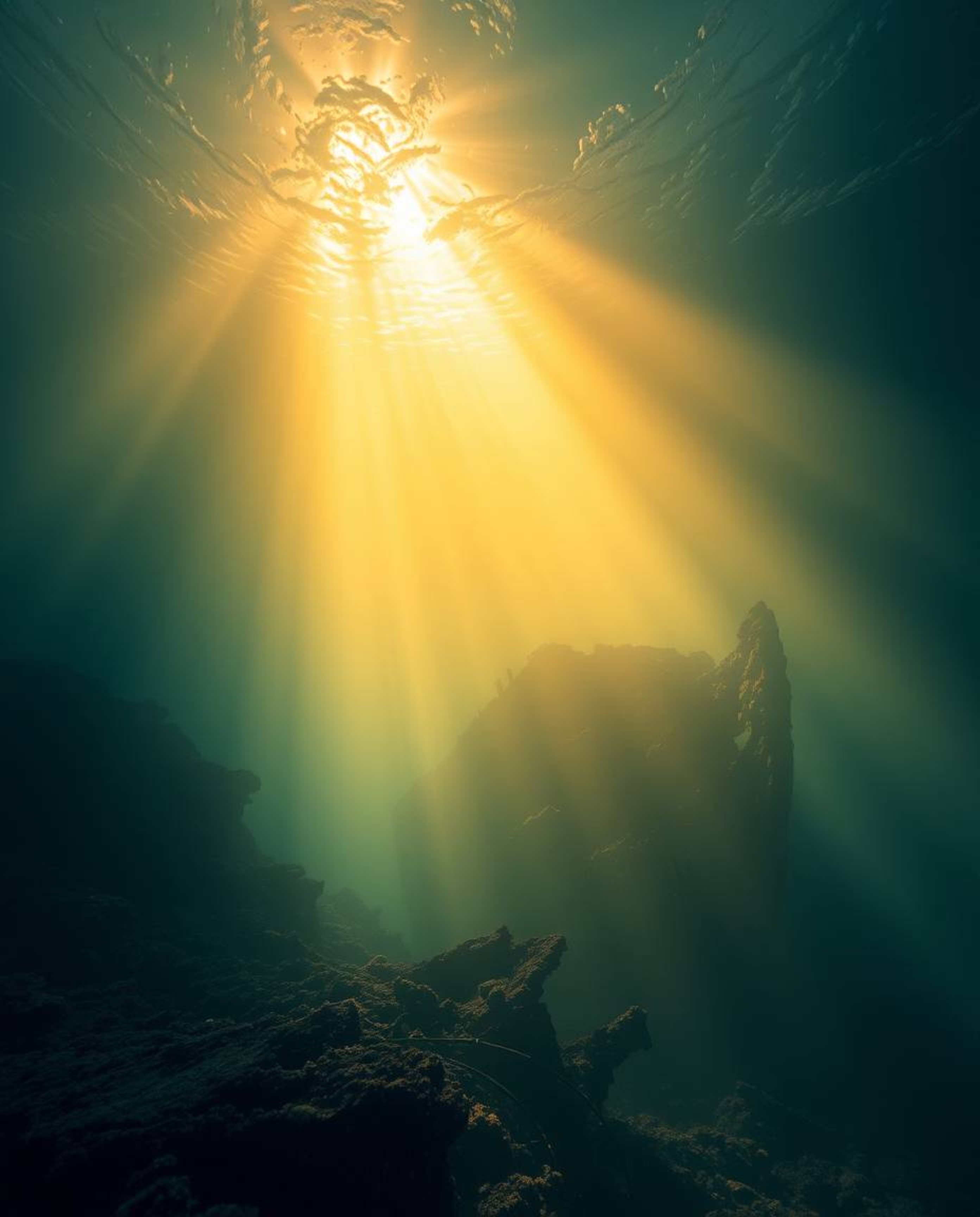 Immerse yourself in a soft, dreamy atmosphere as a warm golden glow illuminates a radiant and luxurious deep underwater shipw