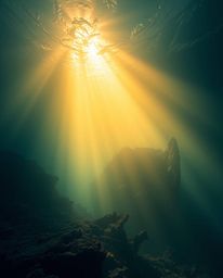 Immerse yourself in a soft, dreamy atmosphere as a warm golden glow illuminates a radiant and luxurious deep underwater shipw