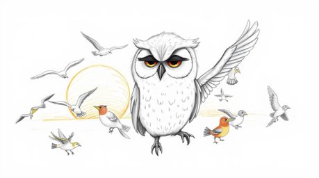 A heartwarming hand-drawn sketch in the style of Pixar depicts a wise, blind owl with soft, feathery textures leading a diver