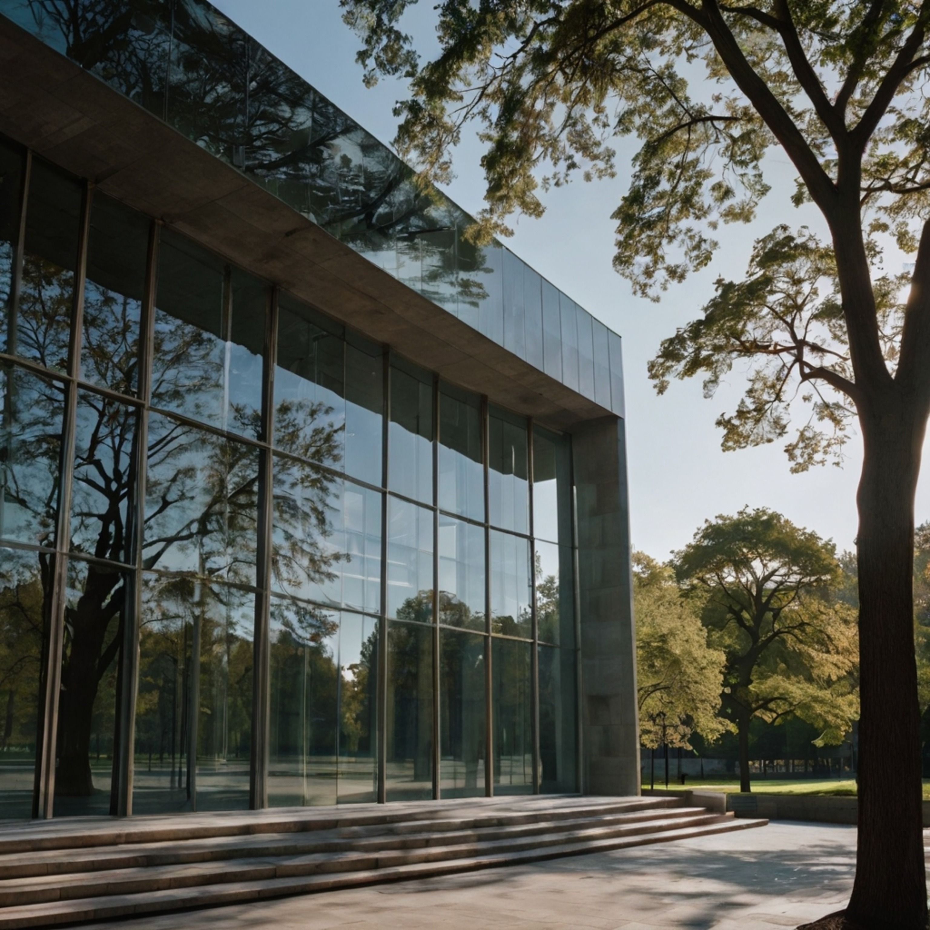 This contemporary museum boasts a striking facade with expansive glass windows that beautifully reflect the tree-lined park s