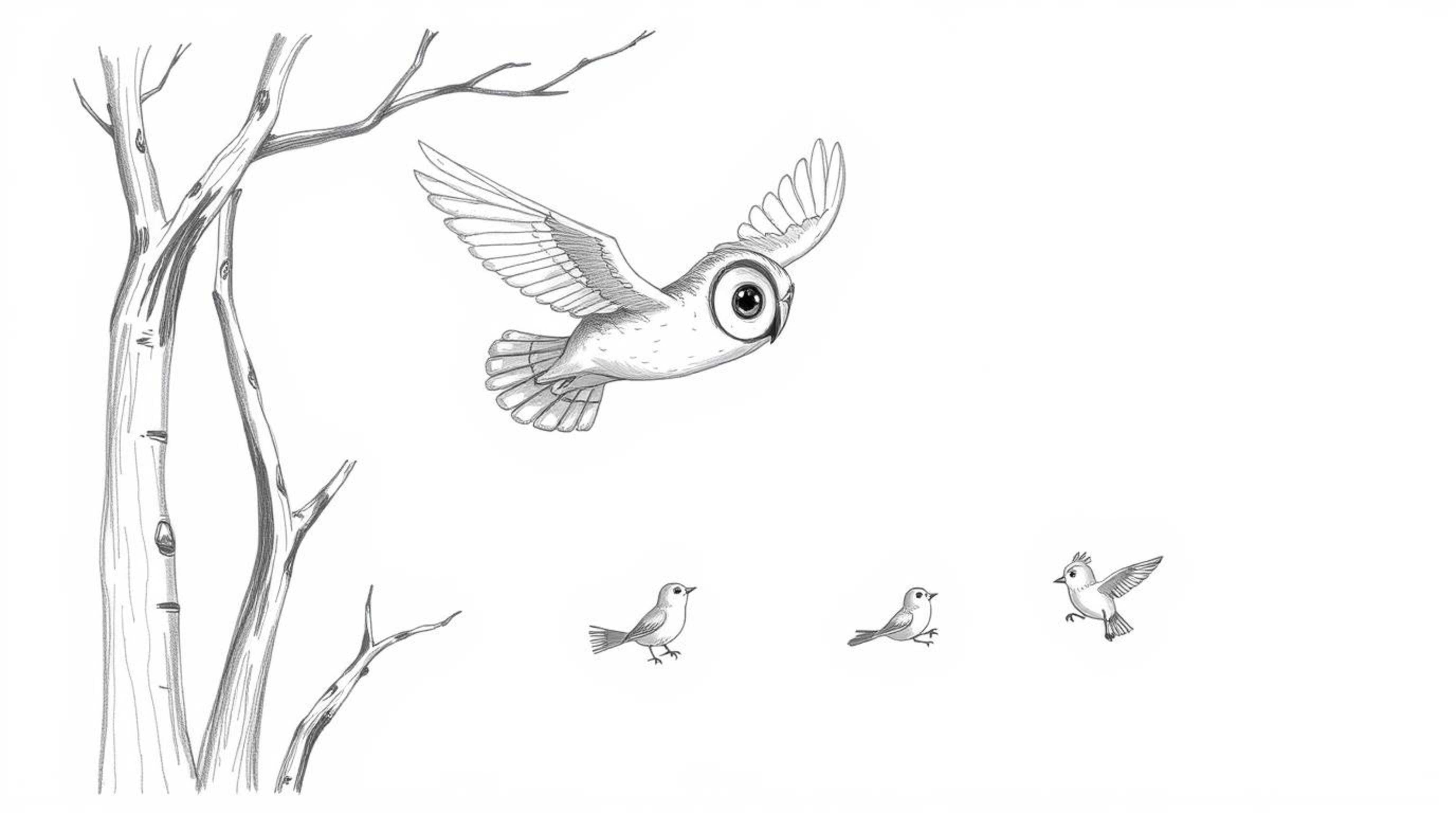 A charming hand-drawn sketch in a Pixar-esque style depicts a blind owl gracefully gliding between trees, teaching a flock of