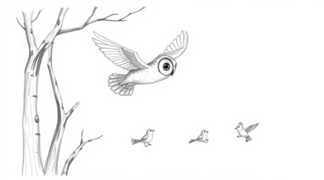 A charming hand-drawn sketch in a Pixar-esque style depicts a blind owl gracefully gliding between trees, teaching a flock of