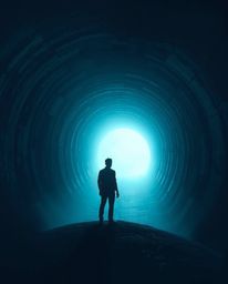This image captures an eerie and cool-toned scene of a person standing at the edge of a tunnel, gazing towards a distant ligh