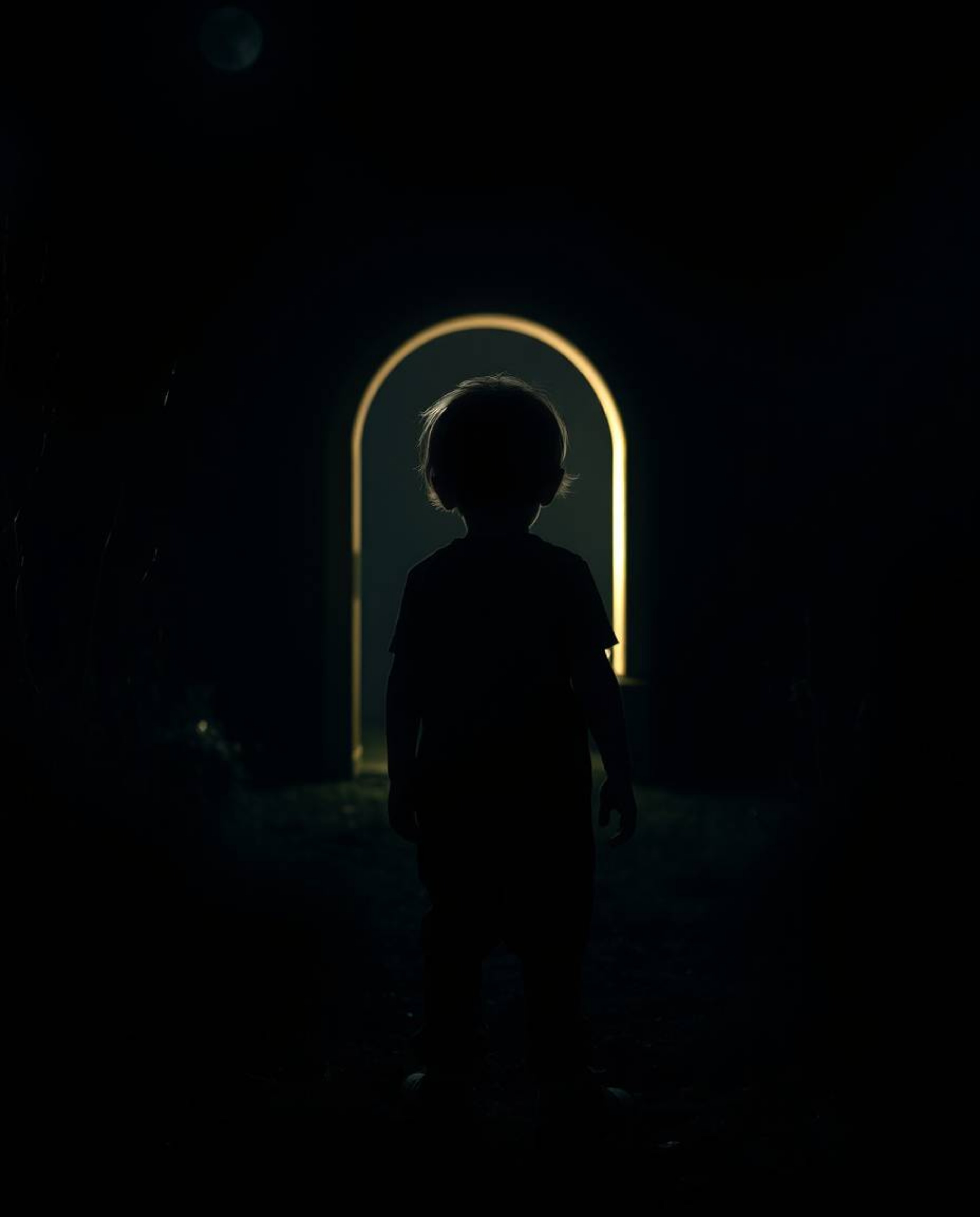 A captivating image depicts a child's silhouetted figure, mysteriously backlit against a glowing portal nestled in their eeri
