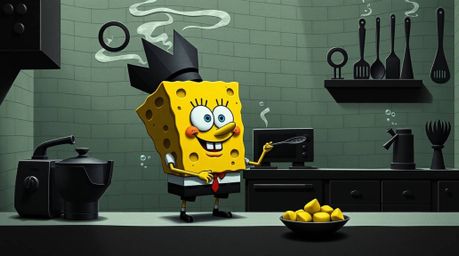 A captivating animation showcases a sponge character preparing a meal in an intricately designed underwater kitchen, crafted 