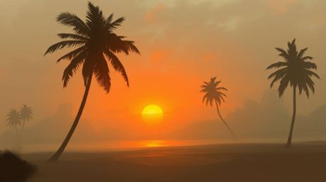 A captivating digital sketch showcases a warm autumnal tropical beach sunset.  Palm trees sway gently in the misty atmosphere