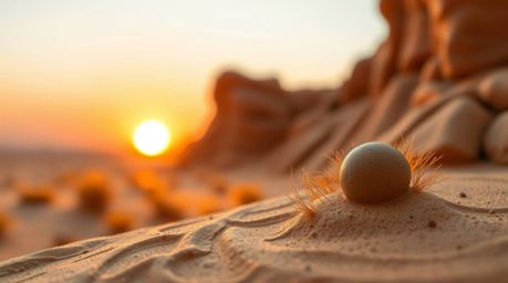A stunning clay sculpture captures the vibrant hues of a desert sunset.  Golden dunes stretch across the foreground, sharply 