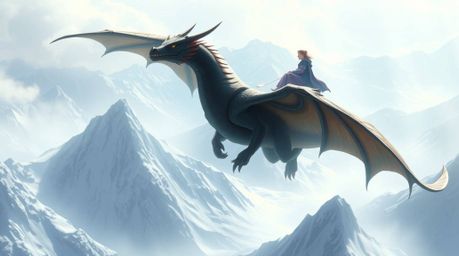A breathtaking digital painting depicts a majestic dragon and its serene rider soaring gracefully above a range of icy mounta