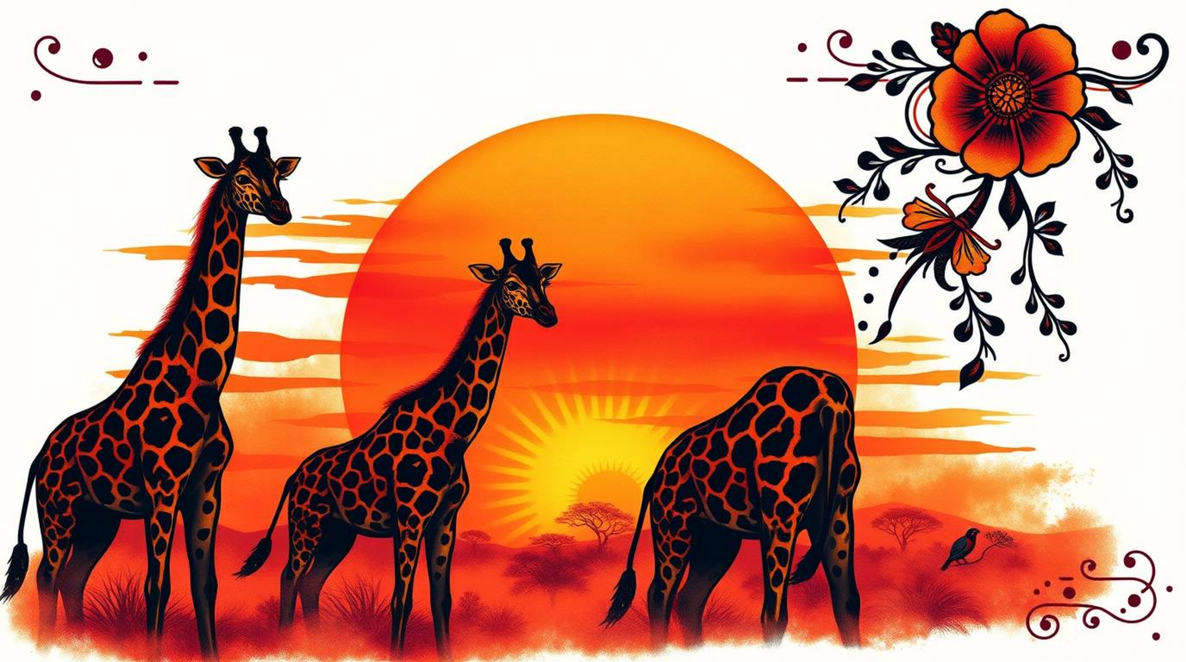 Immerse yourself in the beauty of the savanna with this traditional tattoo art print. Featuring a breathtaking sunset with si
