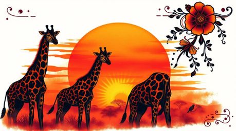 Immerse yourself in the beauty of the savanna with this traditional tattoo art print. Featuring a breathtaking sunset with si