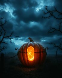 Witness a captivating transformation of a magical pumpkin into a carriage, depicted in a moody, dramatic style. The artwork f