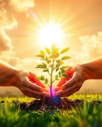 A radiant and luxurious digital painting showcases hands planting a tree under a breathtaking golden sky.  Bright lens flares