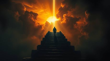 An eerie painting featuring chiaroscuro lighting portrays a solitary figure ascending a stone staircase towards a divine beam