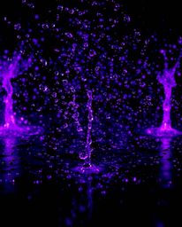 Explore a captivating freeze-frame photograph showcasing a rain-soaked scene bathed in deep ultraviolet hues. This artistic r