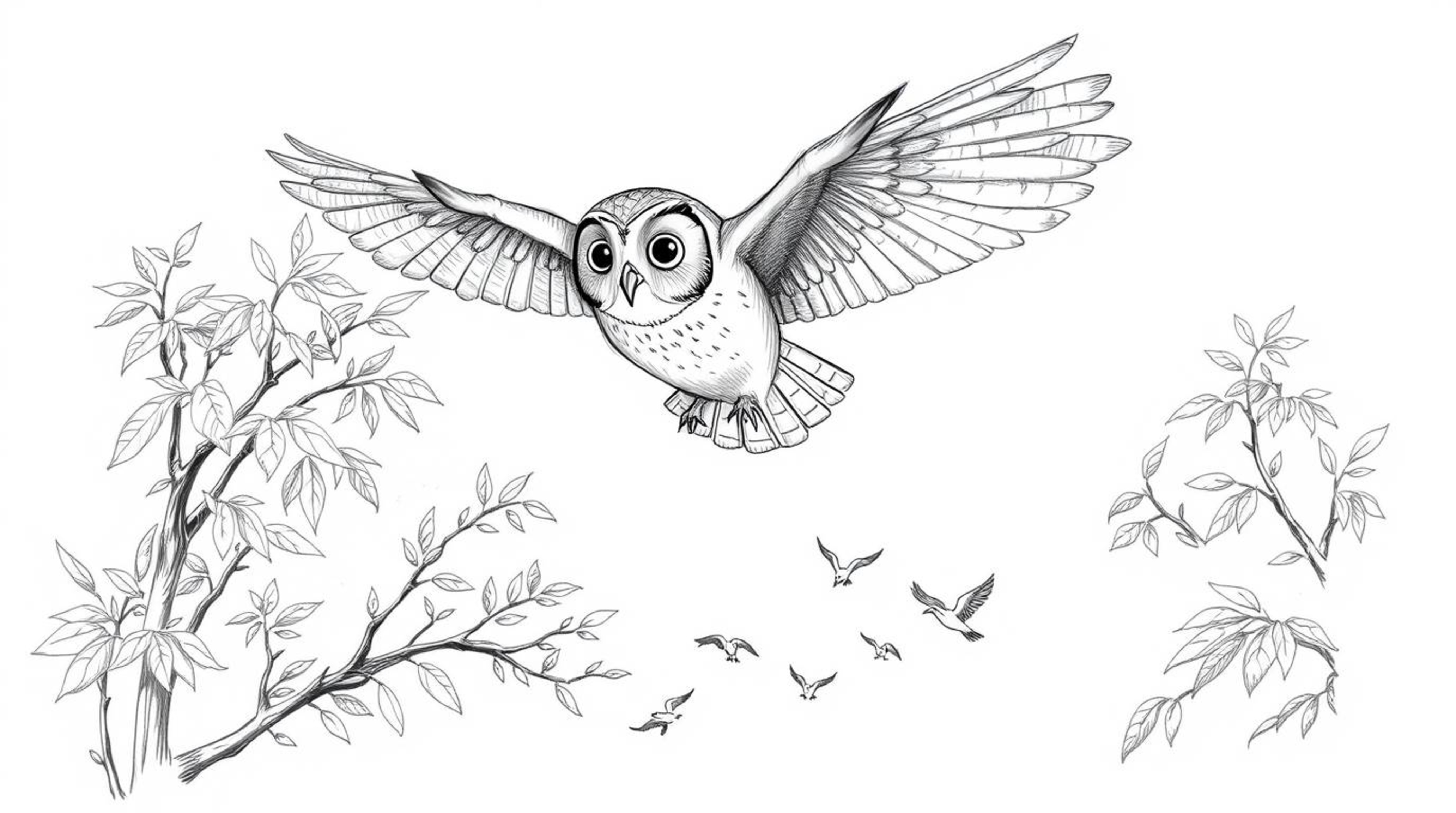 A beautifully hand-drawn sketch depicting a blind owl, rendered in a charming Pixar-esque style, gracefully navigating a dens